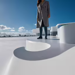 a woman standing outside an architecturally designed white building