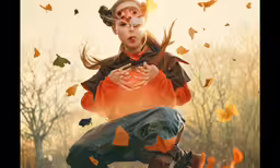 a digital portrait with autumn leaves and young boy