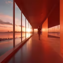 person walking down sidewalk near large window overlooking body of water