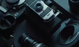 a camera with a lens and two cameras next to it
