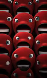 many red headphones with eyes are lined up together