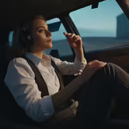 a beautiful woman sitting in the driver seat of a car