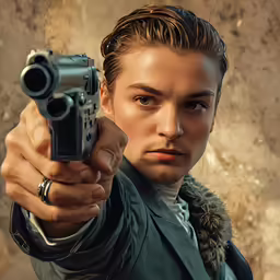 a woman holding a gun in one hand and looking at the camera