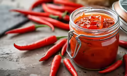 a jar filled with tomatoes next to some cut peppers