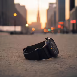 an ipod wrist watch lies on a sidewalk