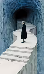 a woman in black coat walking down stairs towards a blue tunnel