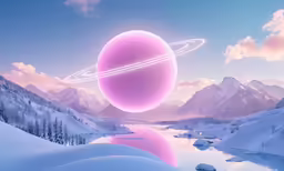 an illustration of a large pink alien floating over water