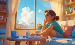 a girl sitting in her room, staring at the mountain outside