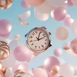 a silver watch sitting in the middle of a bunch of balloons