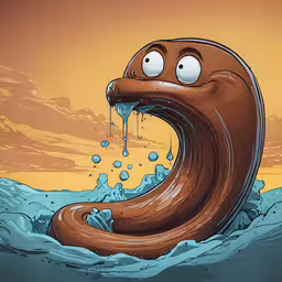 a drawing of a large chocolate wave with eyes and an eyeball,a cartoon octopus sinking through the water with drops of rain