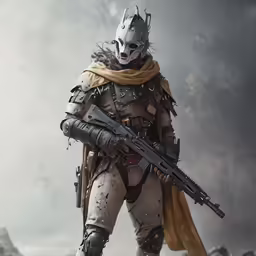 an armored man with his rifle, helmet, and gloves