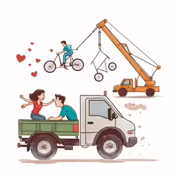 a couple riding on the back of a truck in the sky