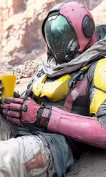 the man in full armor is holding a drink