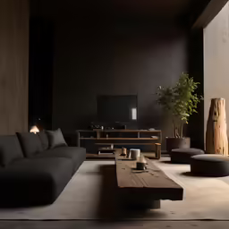 a living room with grey couches, coffee table and vase