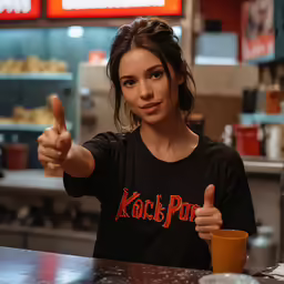 a woman in a rock punk shirt giving the thumbs up