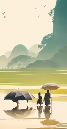 people walking with umbrellas near water on a beach