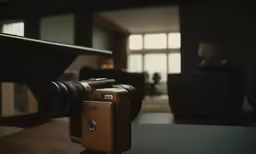 the camera is on a table next to a couch