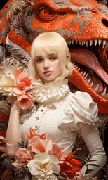 the woman is standing next to a dragon that is holding flowers
