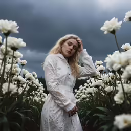 a beautiful blonde woman standing in a field full of flowers