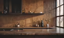 a wooden kitchen counter top next to a window