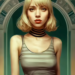 a painting of a blonde haired woman wearing a short tank top