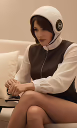 a woman sitting on top of a sofa wearing headphones