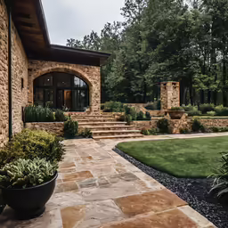 an outdoor area with several plants in pot near a house