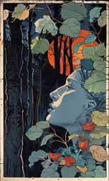 a painting with a woman looking at the forest