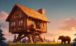 an artistic picture shows a bear standing in front of a cabin with the roof raised,a brown bear standing in the grass near a tree
