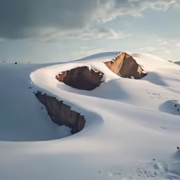 a snowy landscape with small rocks and a mountain in the background
