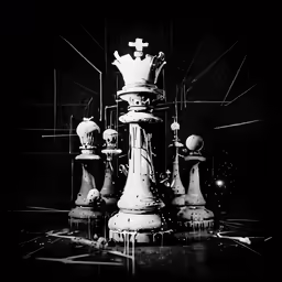 this black and white photo depicts a giant chess piece