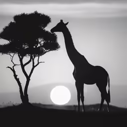 a black and white photo of a giraffe standing in the sunset