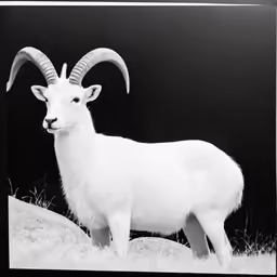 a white animal with very horns standing in the grass