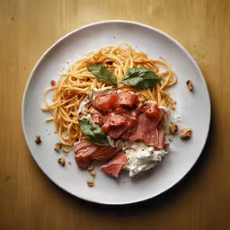 a plate of food on a wood table