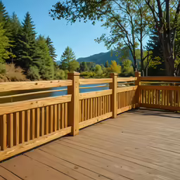 the wooden fence extends onto the deck for viewing