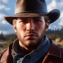 a cowboy in a leather jacket with a blue sky background
