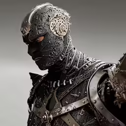 a warrior in armor stands against a gray background