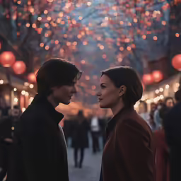 a couple standing next to each other under a red light
