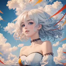 a beautiful lady in a white couty dress and sky background
