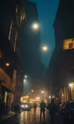 a city street filled with tall buildings at night