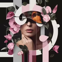 a woman with flower wreaths and a black and white background