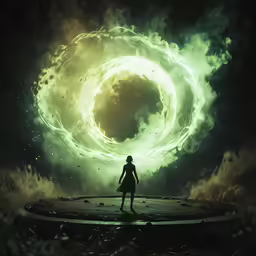 a person standing in front of a circular object with water swirling around it