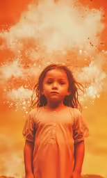 an image of a young girl standing with a cloud in the background