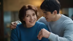 two people stand together and smile while one looks away from the camera
