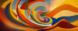 a large painting that is inside a building,a large colorful painting of the colors of an abstract swirl