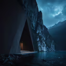 a boat is entering a dark, mysterious looking cave
