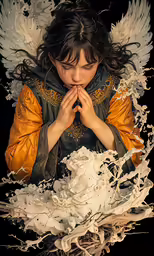 a beautiful young woman with angel wings standing over messy fabric