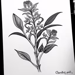 a drawing of flowers with leaves in black and white,drawing with pen and ink flower sketch in watercolor pencil and white paper,a drawing of flowers on white paper,an ink drawing with a branch and leaves,this drawing of a branch with two flowers is done in black ink