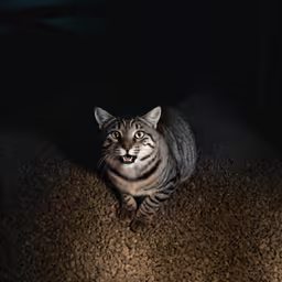a brown striped cat sitting on a carpet looking at the camera