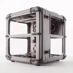 the front of a small metal square with a camera attached